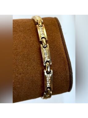 GOLD tone rectangular crystal rhinestone cubic zirconia link bracelet adjustable
